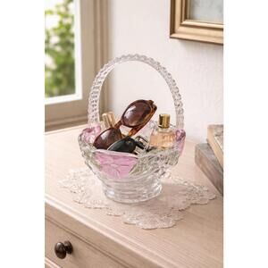 Vintage Handcrafted Anna Hutte Bleikristall Crystal Basket Pink Pressed Flowers